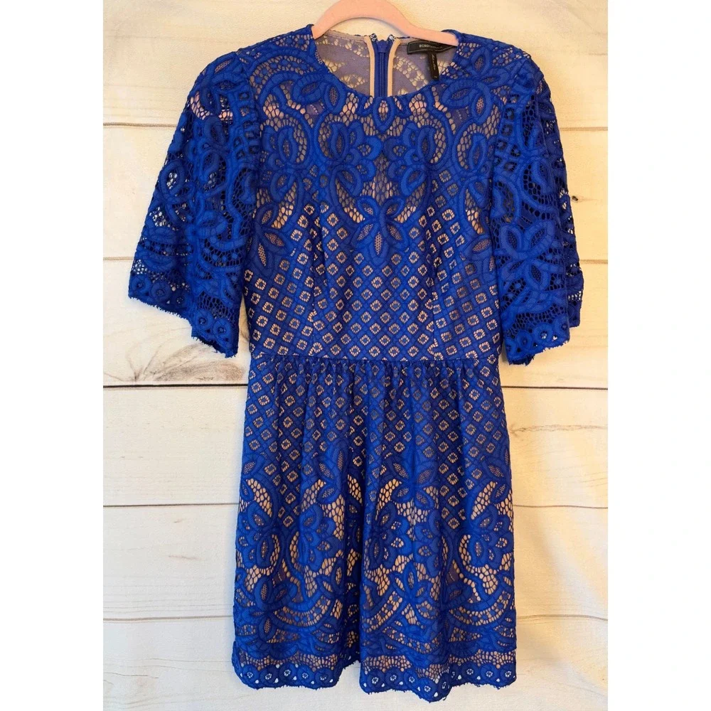 BCBGMAXAZRIA Royal Blue Lace Mini Dress Short Sleeve Fit Flare Blue Size 4